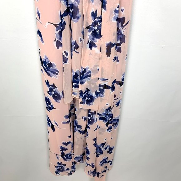 NWT Eliza J Floral Chiffon High-Low V-Neck Waist Tie Maxi Dress Pink Blue 2 - Picture 6 of 10